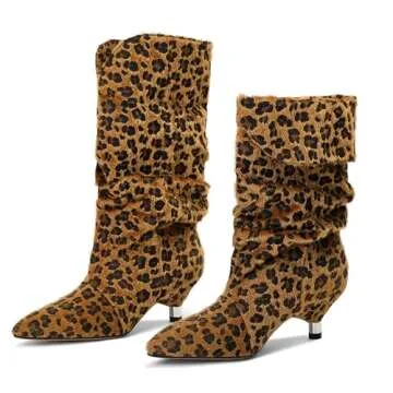 Fuazuzu Womens leopard Boots Slouchy Mid Calf Wide Boots For Women Kitten Heel with Pointed Toe Pull On Boots Fall Winter Booties