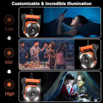 KITWLEMEN Camping Fan with LED Lantern, 20000mAh Rechargeable Battery Operated Outdoor Tent Fan with Light & Hanging Hook, 4 Speeds, Personal USB Desk Fan for Camping, Power Outage, Hurricane, Jobsite