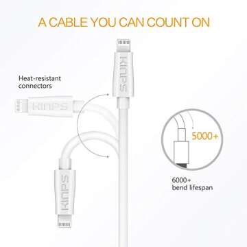 KINPS MFi Certified Lightning to USB Cable 10ft/3m iPhone Charger Cord Super Long for iPhone Xs/XS Max/XR/X / 8/8 Plus / 7/7 Plus / 6S / 6S Plus, iPad Pro/Air/Mini (White, 3 Pack)
