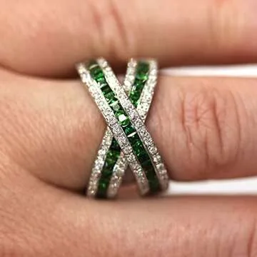Solid 14k White Gold 2.8 ctw Natural Green Tsavorite Garnet and Diamond Channel Set Crossover Twisted Statement Ring for Women 13 mm - Handmade in USA - January Birthstone