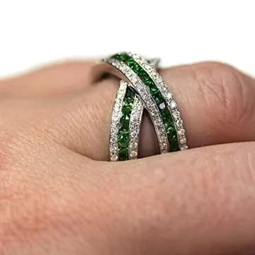 Solid 14k White Gold 2.8 ctw Natural Green Tsavorite Garnet and Diamond Channel Set Crossover Twisted Statement Ring for Women 13 mm - Handmade in USA - January Birthstone