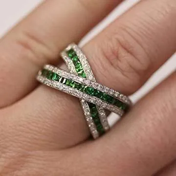 Solid 14k White Gold 2.8 ctw Natural Green Tsavorite Garnet and Diamond Channel Set Crossover Twisted Statement Ring for Women 13 mm - Handmade in USA - January Birthstone