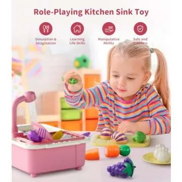 Geyiie Kids Sink with Running Water, Toddler Kitchen Sink Toy with Real Faucet, Chopping Foods, Play Dishes and Dish Rack, 30Pcs Pretend Dishwasher Toys Accessories, Learning Gift for Girls Boys