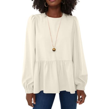 Allimy Women's Fashion Elegant Flowy Spring Tops Business Dressy Casual Crewneck Puff Long Sleeve Pe...