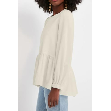 Allimy Women's Fashion Elegant Flowy Spring Tops Business Dressy Casual Crewneck Puff Long Sleeve Peplum Tunic Blouses Dress Shirts Khaki Small