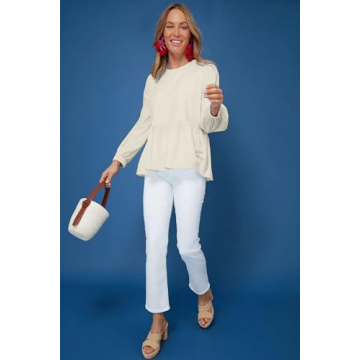 Allimy Women's Fashion Elegant Flowy Spring Tops Business Dressy Casual Crewneck Puff Long Sleeve Peplum Tunic Blouses Dress Shirts Khaki Small