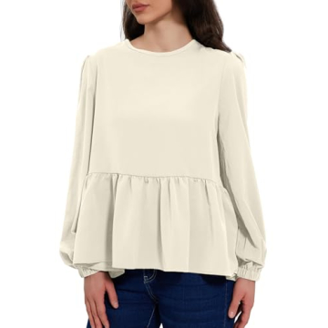 Allimy Women's Fashion Elegant Flowy Spring Tops Business Dressy Casual Crewneck Puff Long Sleeve Peplum Tunic Blouses Dress Shirts Khaki Small