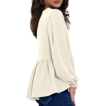 Allimy Women's Fashion Elegant Flowy Spring Tops Business Dressy Casual Crewneck Puff Long Sleeve Peplum Tunic Blouses Dress Shirts Khaki Small