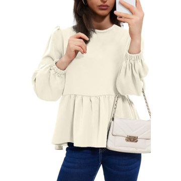 Allimy Women's Fashion Elegant Flowy Spring Tops Business Dressy Casual Crewneck Puff Long Sleeve Peplum Tunic Blouses Dress Shirts Khaki Small