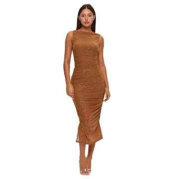 XLLAIS Women Sexy Mesh Sheer Midi Dress Glitter Ruched Bodycon Sparkle Summer Dresses Camel Small