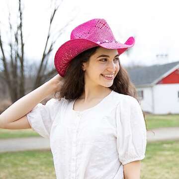 TOVOSO Western Cowgirl Hat, Straw Cowboy Hat for Women with Shapeable Brim, Beaded Hearts Trim, Shap...