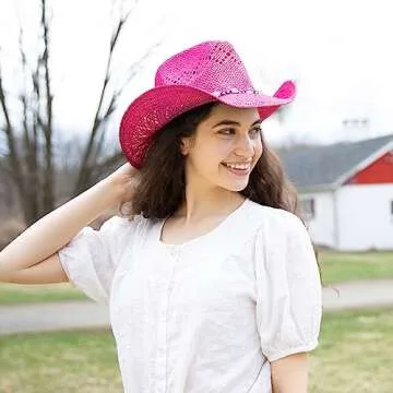 TOVOSO Western Cowgirl Hat, Straw Cowboy Hat for Women with Shapeable Brim, Beaded Hearts Trim, Shap...