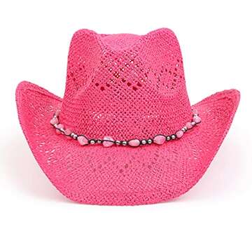 TOVOSO Western Cowgirl Hat, Straw Cowboy Hat for Women with Shapeable Brim, Beaded Hearts Trim, Shapeable Cowboy Hat, Fuchsia
