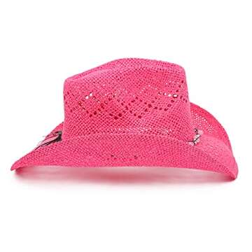 TOVOSO Western Cowgirl Hat, Straw Cowboy Hat for Women with Shapeable Brim, Beaded Hearts Trim, Shapeable Cowboy Hat, Fuchsia