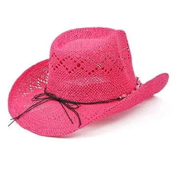 TOVOSO Western Cowgirl Hat, Straw Cowboy Hat for Women with Shapeable Brim, Beaded Hearts Trim, Shapeable Cowboy Hat, Fuchsia