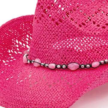 TOVOSO Western Cowgirl Hat, Straw Cowboy Hat for Women with Shapeable Brim, Beaded Hearts Trim, Shapeable Cowboy Hat, Fuchsia