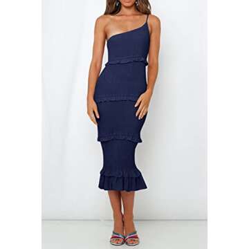 PRETTYGARDEN Women's Summer Midi Bodycon Dresses One Shoulder Strappy Tiered Ruffle Floral Boho Sun Dress (Solid Navy,X-Large)