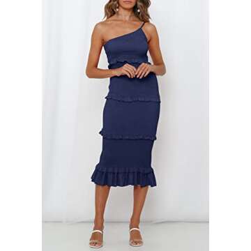 PRETTYGARDEN Women's Summer Midi Bodycon Dresses One Shoulder Strappy Tiered Ruffle Floral Boho Sun Dress (Solid Navy,X-Large)