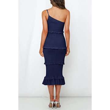 PRETTYGARDEN Women's Summer Midi Bodycon Dresses One Shoulder Strappy Tiered Ruffle Floral Boho Sun Dress (Solid Navy,X-Large)