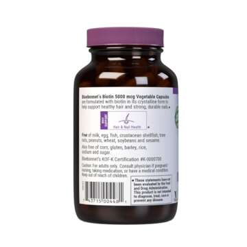 Bluebonnet Nutrition Biotin 5000 mcg, Hair & Nail Support*, Non-GMO, Vegan, Kosher Certified, Gluten-Free, Soy-Free, Dairy-Free, 120 Vegetable Capsules, 120 Servings