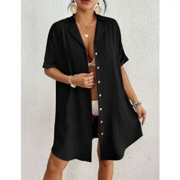 Bsubseach Swimsuit Coverup for Women Button Down Beach Swim Cover Up Shirt Dress Short Sleeve Summer Beachwear Black M