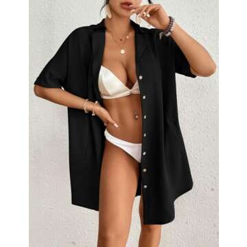 Bsubseach Swimsuit Coverup for Women Button Down Beach Swim Cover Up Shirt Dress Short Sleeve Summer Beachwear Black M