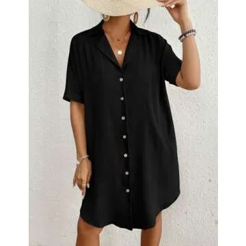 Bsubseach Swimsuit Coverup for Women Button Down Beach Swim Cover Up Shirt Dress Short Sleeve Summer Beachwear Black M