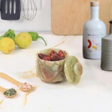 MARBLOUS KRAFTS Marble Salt Cellar with Lid 3'' Inch Green Onyx Celtic Salt Holder Kitchen Counter D...