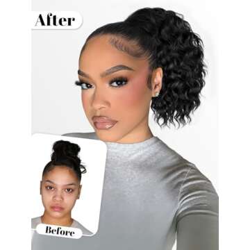 ALXNAN Wavy Curly Ponytail Extension, 8" Black Drawstring Ponytail for Black Women Short Soft Natura...