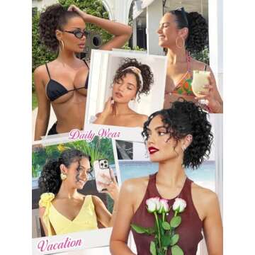 ALXNAN Wavy Curly Ponytail Extension, 8" Black Drawstring Ponytail for Black Women Short Soft Natural Synthetic Hairpiece Thick For Daily Use