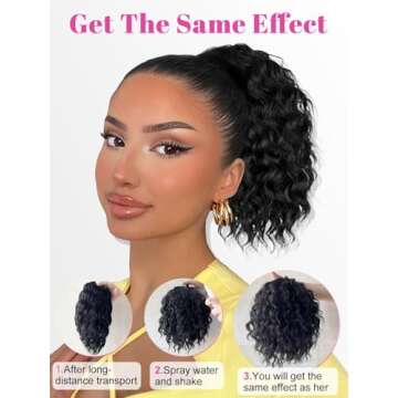 ALXNAN Wavy Curly Ponytail Extension, 8" Black Drawstring Ponytail for Black Women Short Soft Natural Synthetic Hairpiece Thick For Daily Use