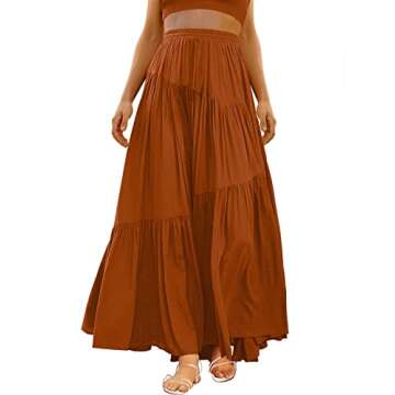 ANRABESS Women’s Boho Elastic High Waist Pleated A-Line Flowy Swing Asymmetric Tiered Maxi Long Sk...