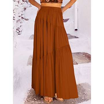 ANRABESS Women’s Boho Elastic High Waist Pleated A-Line Flowy Swing Asymmetric Tiered Maxi Long Skirt Dress with Pockets Rust Small