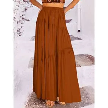 ANRABESS Women’s Boho Elastic High Waist Pleated A-Line Flowy Swing Asymmetric Tiered Maxi Long Skirt Dress with Pockets Rust Small