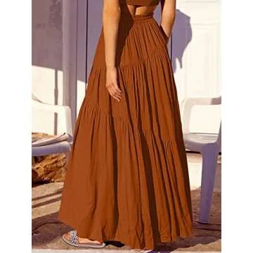 ANRABESS Women’s Boho Elastic High Waist Pleated A-Line Flowy Swing Asymmetric Tiered Maxi Long Skirt Dress with Pockets Rust Small