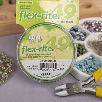 The Beadsmith Flex-Rite Wire – 49 Strand, Nylon Coated, Stainless Steel Beading Wire – Clear Color, .024” Diameter, 30-Foot Spool – Flexible Wire for Necklace, Bracelet and Jewelry Making