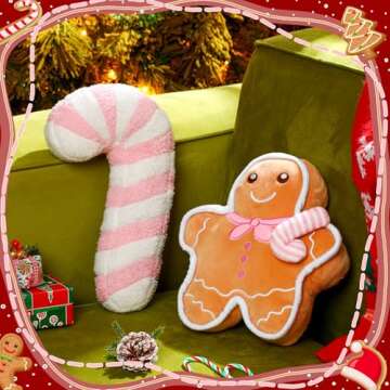 Yalikop 2 Pcs Christmas Gingerbread Man Pillow Candy Cane Pillow Christmas Plush Throw Pillow Christ...
