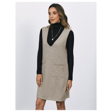OYOANGLE Women's V Neck Sleeveless Knitted Solid Short Sweater Dress with Pockets Khaki XS