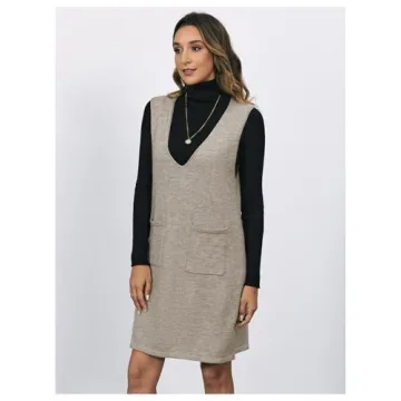 OYOANGLE Women's V Neck Sleeveless Knitted Solid Short Sweater Dress with Pockets Khaki XS