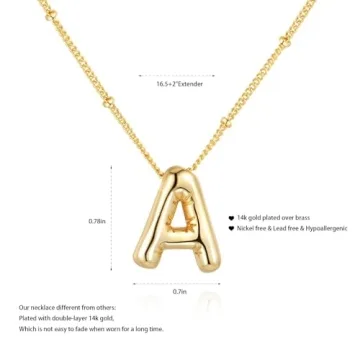 Qyalie Bubble Letter Necklace Balloon Initial Necklaces for Women Dainty Alphabet Pendant 14K Gold Plated Puffy Name Personalized Jewelry (A1, Gold)