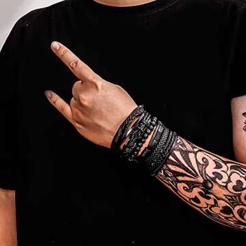 MILAKOO 6 Pcs Black Braided Leather Bracelets for Men Women Cuff Wrap Wristbands