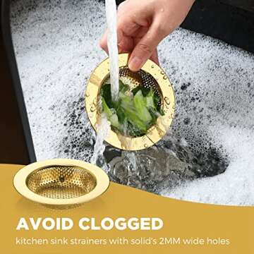 Mudder 3 Pcs Kitchen Sink Drain Strainer and Stopper Stainless Steel Garbage Disposal Plug with Handle Universal Anti-Clogging Kitchen Sink Filter Sieve Basket Strainer(Light Gold)