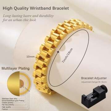 EllieHouse 18K Gold Plated Thick Link Bracelet for Personalized Fashion Women Adjustable Watch Band Chain Wristband Pearl Bracelets Stretch Bracele Gold Bracelets for Women Jewelry Gift, One Size,