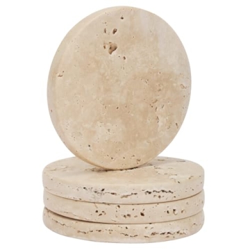 WORHE Marble Coaster for Drinks 4" Diameter Set of 4 Round Travertine Coasters for Home Decor Office...