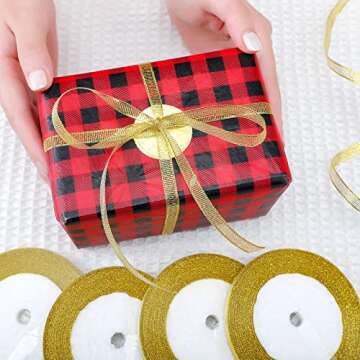 Gejoy 5 Rolls Gold Ribbon Metallic Glitter Ribbon for Gift Wrapping, Balloons, Flower Bouquet, Crafts, Floral, Wedding Birthday Party Decoration