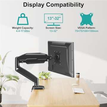 MOUNT PRO Single Monitor Desk Mount - Articulating Gas Spring Arm, Removable VESA Monitor Mount Computer Monitor Stand with Clamp and Grommet Base Fits 13 to 32 Inch LCD Screen, VESA 75x75, 100x100