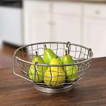 Spectrum Heritage Rustic Handles Distressed Kitchen Organizer with Wood Base, Farmhouse Bowl, Galvanized Fruit Basket for Counters & Dining Tables
