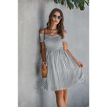 ECOWISH Womens Striped Dress Off The Shoulder Short Sleeve Backless Cocktail Skater Dresses Black Medium