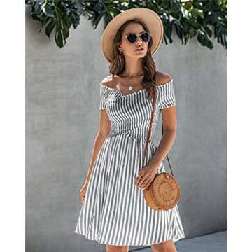 ECOWISH Womens Striped Dress Off The Shoulder Short Sleeve Backless Cocktail Skater Dresses Black Medium