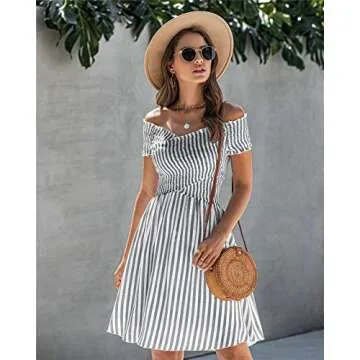 ECOWISH Womens Striped Dress Off The Shoulder Short Sleeve Backless Cocktail Skater Dresses Black Medium